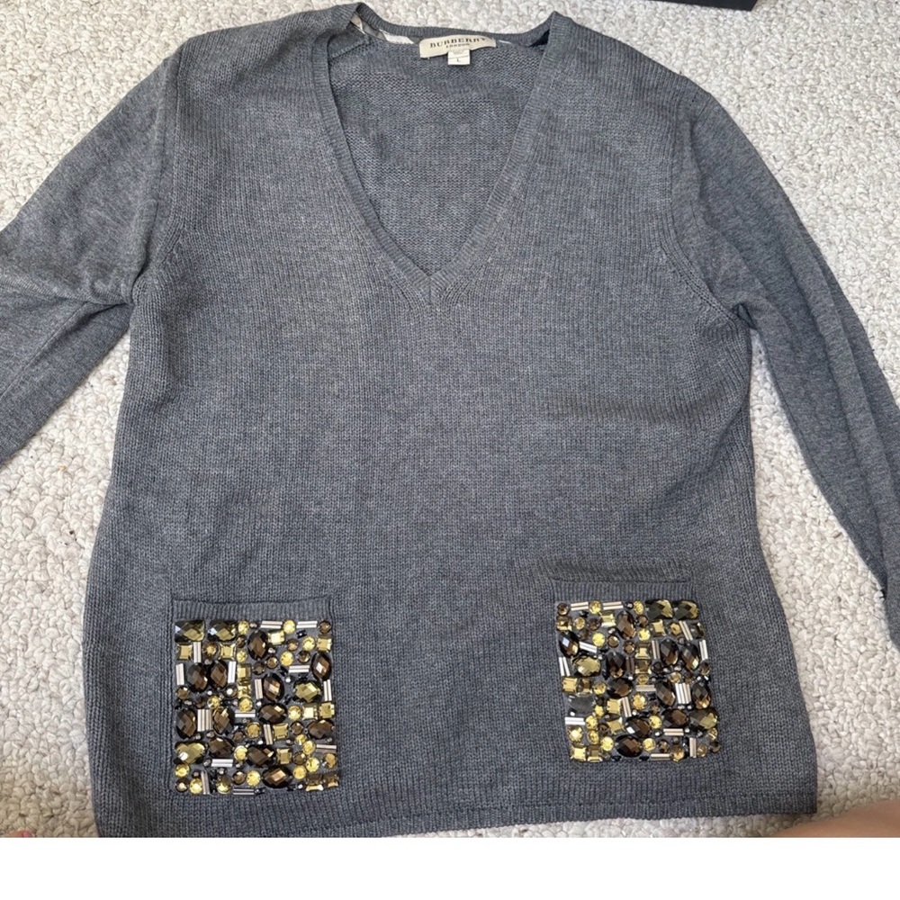 Burberry Gray V-Neck Sweater with Embellished Pockets